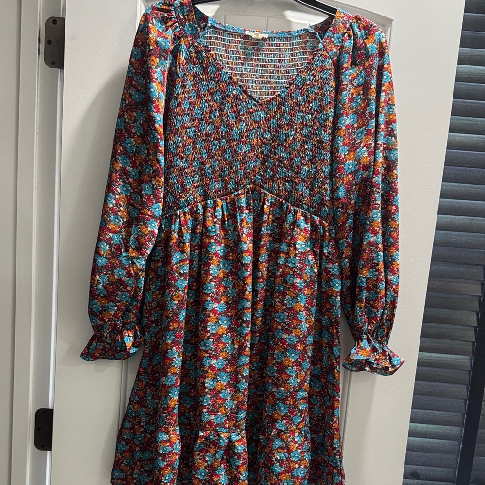 JODIFL Teal Floral Smocked Bodice Long Sleeve Dress